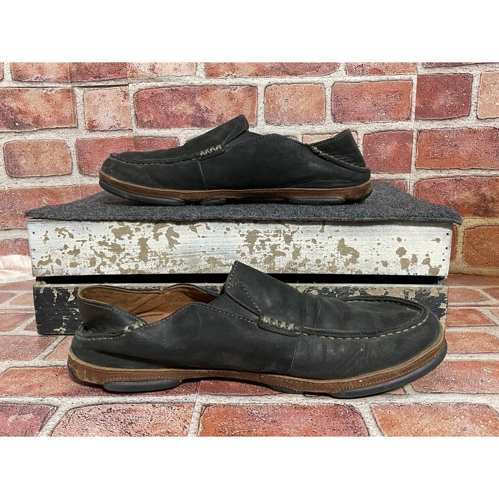 OluKai Moloā Men's 11 Leather Slip On Shoes Black Toffee Waxed